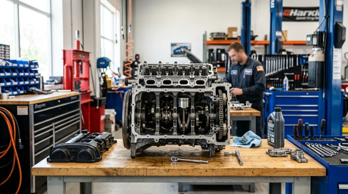 Moteur automobile moderne ouvert sur un établi d'atelier, illustrant les points techniques du modèle 2008 à éviter.
