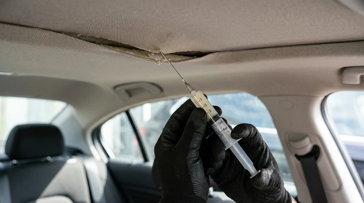 Main utilisant une seringue pour injecter de la colle sous le tissu lors d'une réparation de ciel de toit.