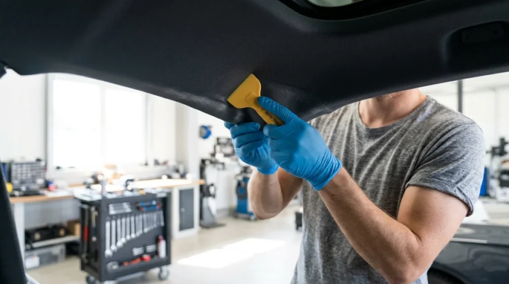 Mécanicien utilisant une spatule pour lisser le tissu lors de l'étape comment recoller un ciel de toit automobile.
