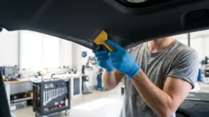 Mécanicien utilisant une spatule pour lisser le tissu lors de l'étape comment recoller un ciel de toit automobile.