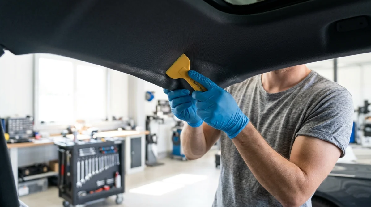 Mécanicien utilisant une spatule pour lisser le tissu lors de l'étape comment recoller un ciel de toit automobile.