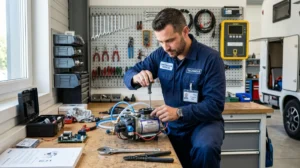 Technicien en atelier inspectant une pompe à eau de camping-car pour évaluer sa durée de vie restante.