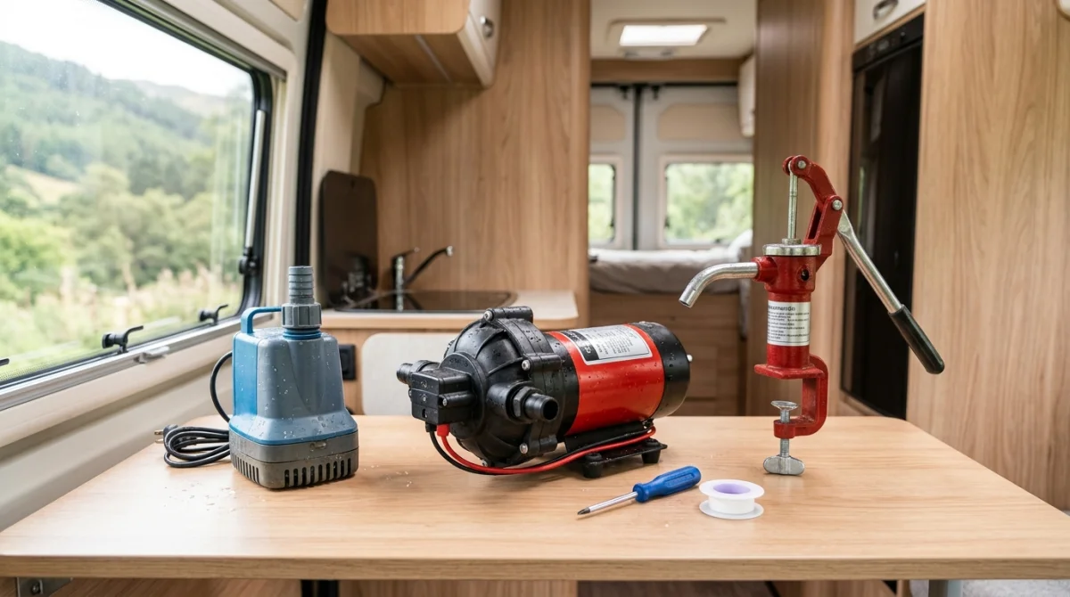 Trois modèles de pompes à eau pour camping-car disposés sur un établi pour illustrer leur durée de vie.