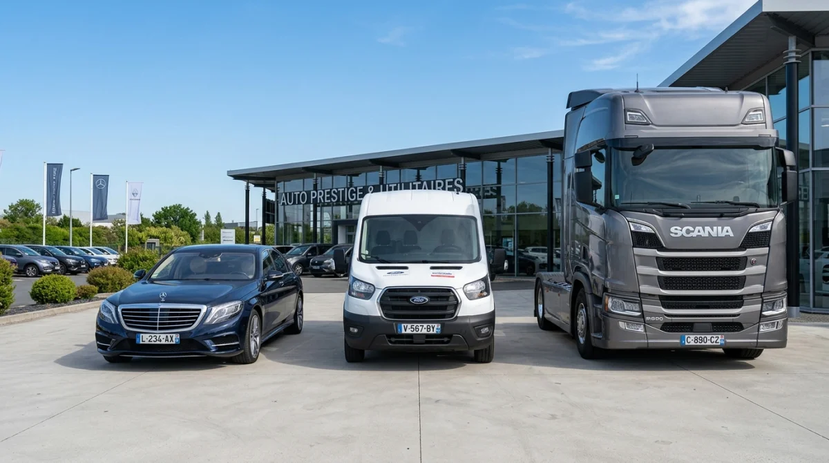 Sélection variée de véhicules professionnels garés dans la cour moderne de la concession Mercier Auto sous un ciel bleu.