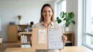 Personne souriante tenant une carte grise et un certificat de cession pour la vente d'une voiture.