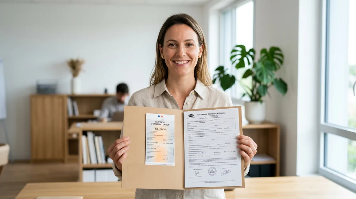 Personne souriante tenant une carte grise et un certificat de cession pour la vente d'une voiture.