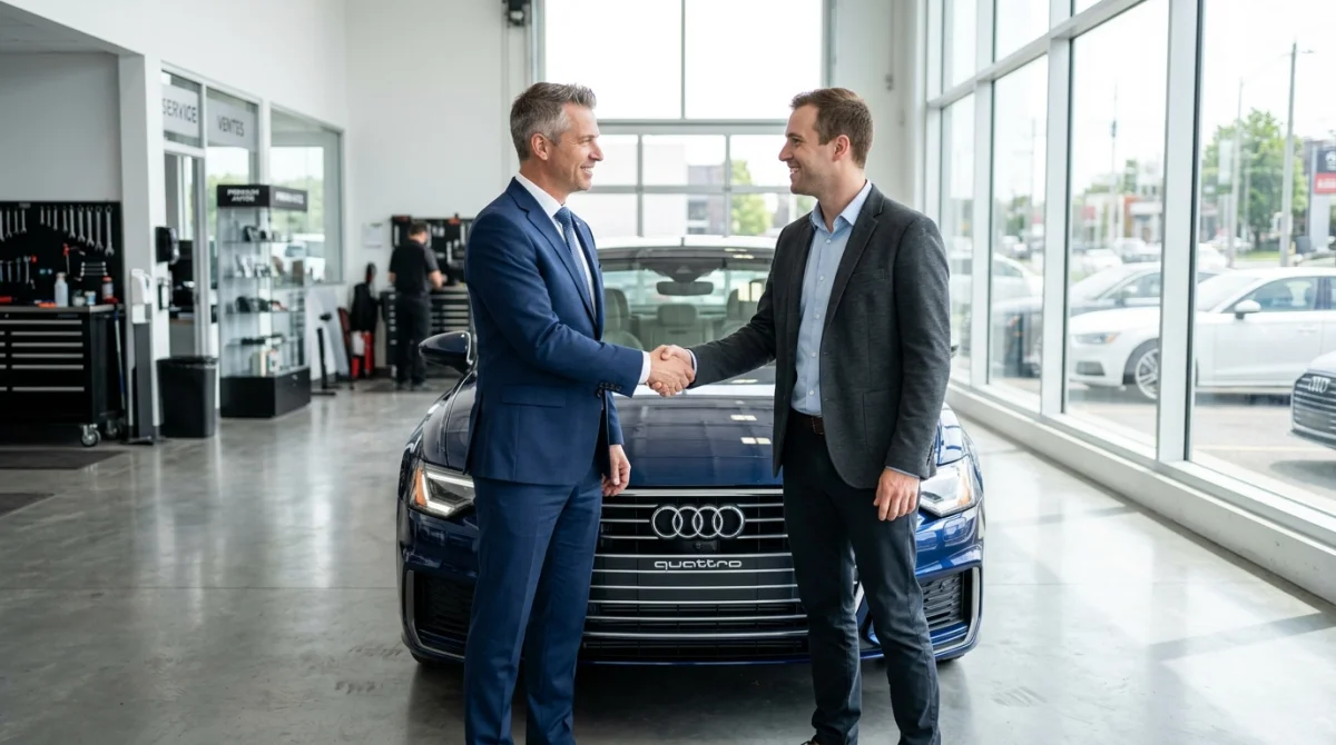 Concessionnaire automobile serrant la main d'un client devant une voiture moderne pour illustrer la vente d'un véhicule.