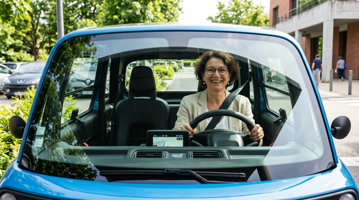 Personne souriante au volant d'une voiturette sans permis moderne sur un parking urbain ensoleillé.