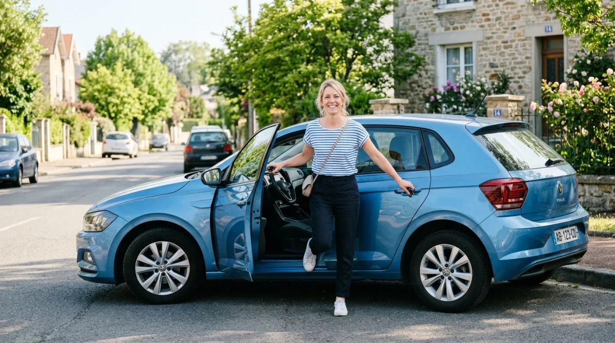 Personne souriante montant dans une citadine moderne, illustrant la possibilité d'acheter une voiture sans permis de conduire.