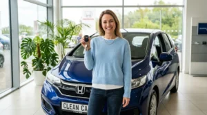 Une personne souriante tenant des clés devant une voiture d'occasion propre dans une concession automobile moderne.