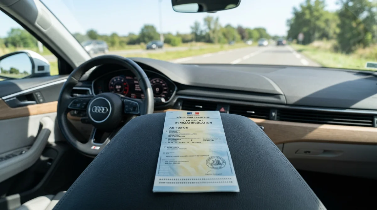 Carte grise posée sur un tableau de bord moderne pour illustrer l'achat d'une voiture de société d'occasion.