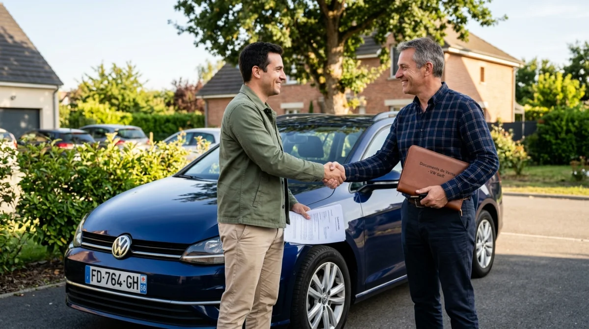 Acheteur et vendeur se serrant la main lors d'une transaction de voiture d'occasion entre particuliers.