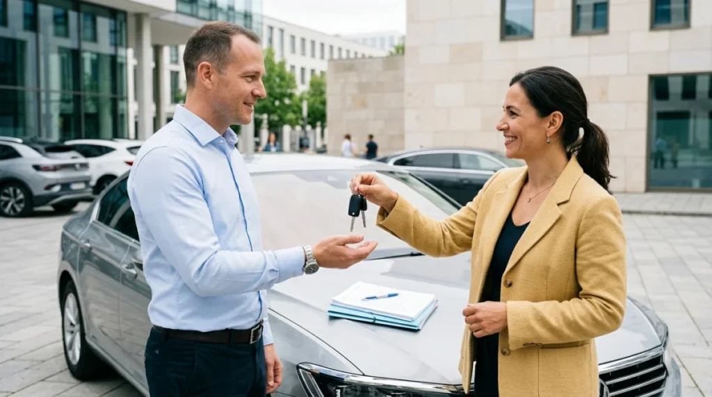 Transaction sereine de vente de voiture entre particuliers avec échange de clés et documents administratifs sur le capot.