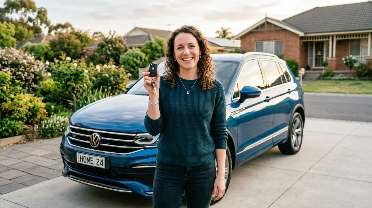 Personne souriante tenant des clés devant une voiture moderne pour illustrer comment assurer un véhicule qui ne nous appartient pas.