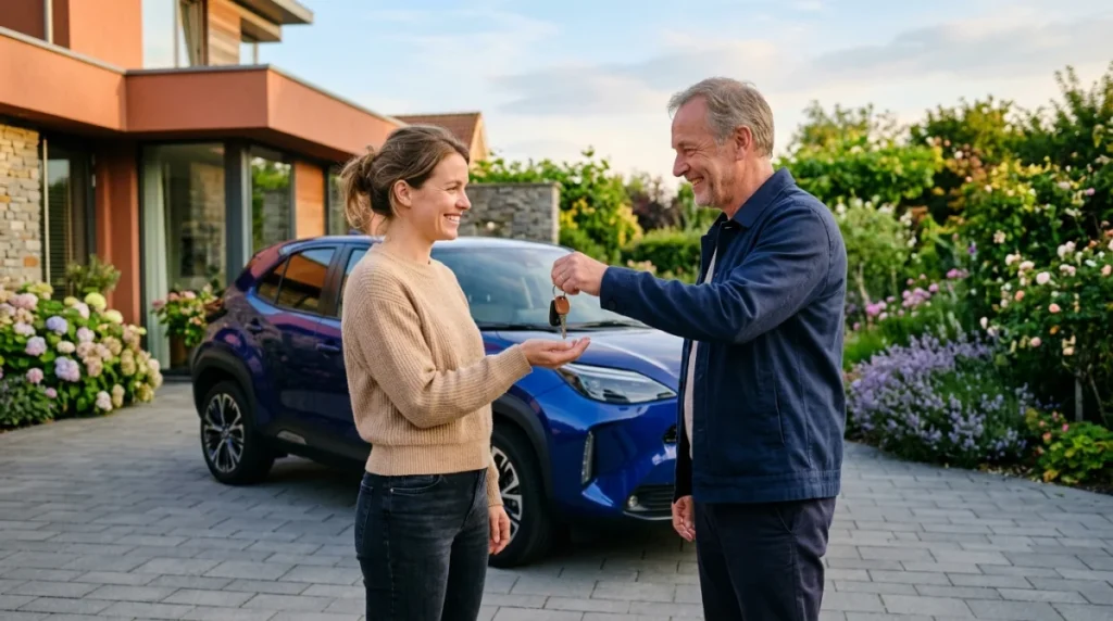 Une personne souriante reçoit les clés d'une voiture pour illustrer comment assurer un véhicule qui ne nous appartient pas.