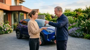 Une personne souriante reçoit les clés d'une voiture pour illustrer comment assurer un véhicule qui ne nous appartient pas.