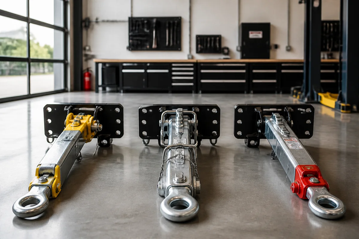 Trois barres de remorquage en acier disposées dans un atelier pour savoir si on peut remorquer une voiture.