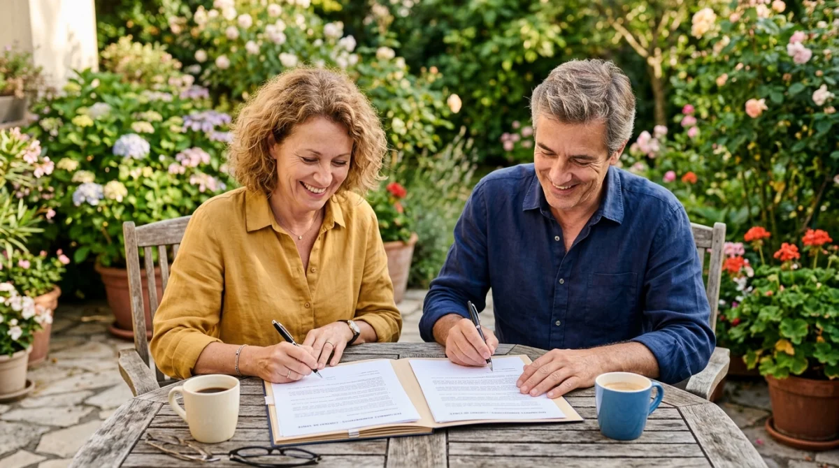 Couple souriant signant des documents sur une terrasse pour changer d'assurance voiture en toute sérénité.