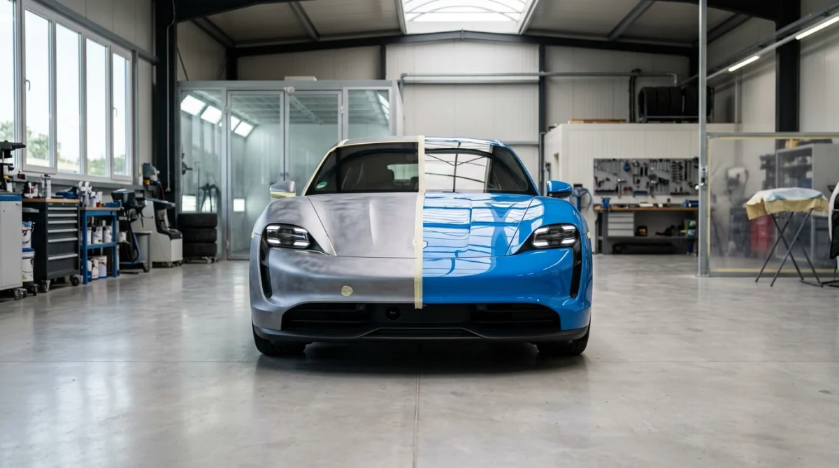 Voiture moderne en atelier lors d'un changement de couleur entre bleu électrique et gris métal satiné.