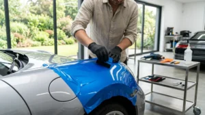 Technicien appliquant un film vinyle bleu électrique sur une voiture pour changer sa couleur en atelier professionnel.