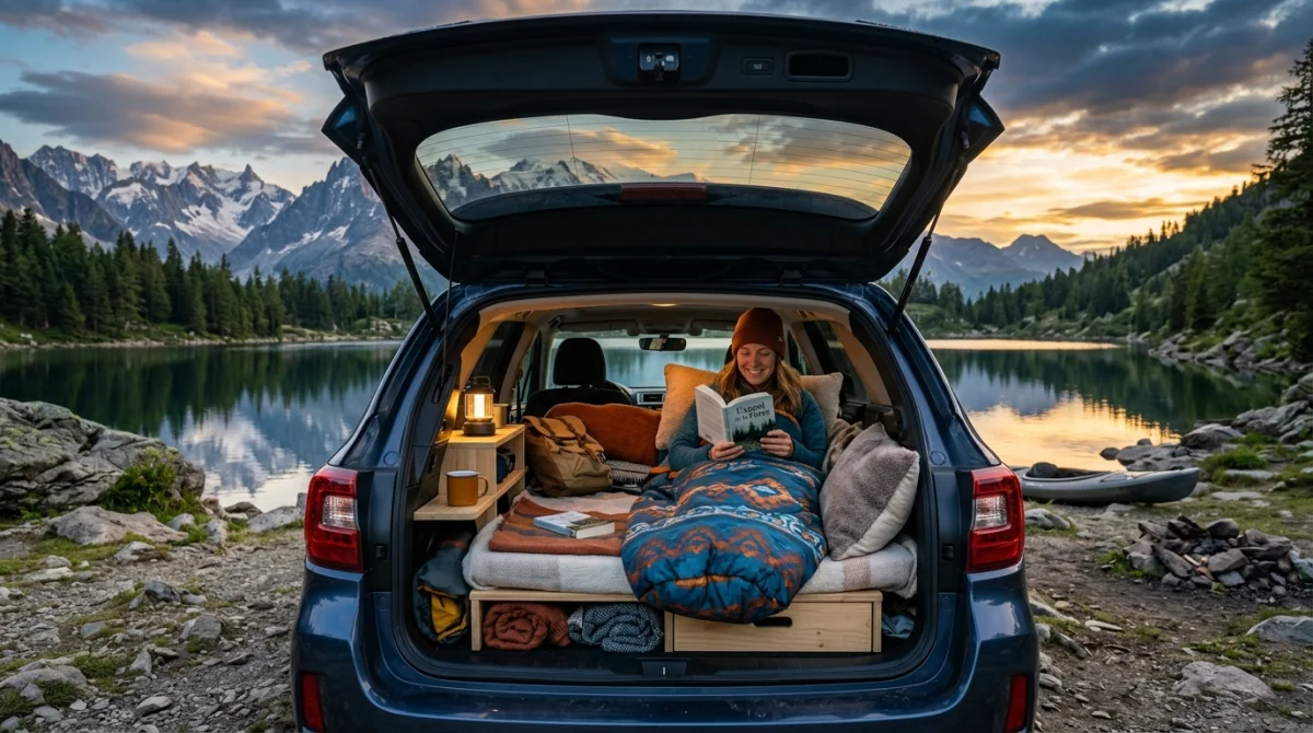 Personne installée confortablement dans un break aménagé pour dormir dans sa voiture face à un lac de montagne.