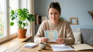 Personne réfléchissant calmement avec une carte grise en main pour un dossier de surendettement et sa voiture.