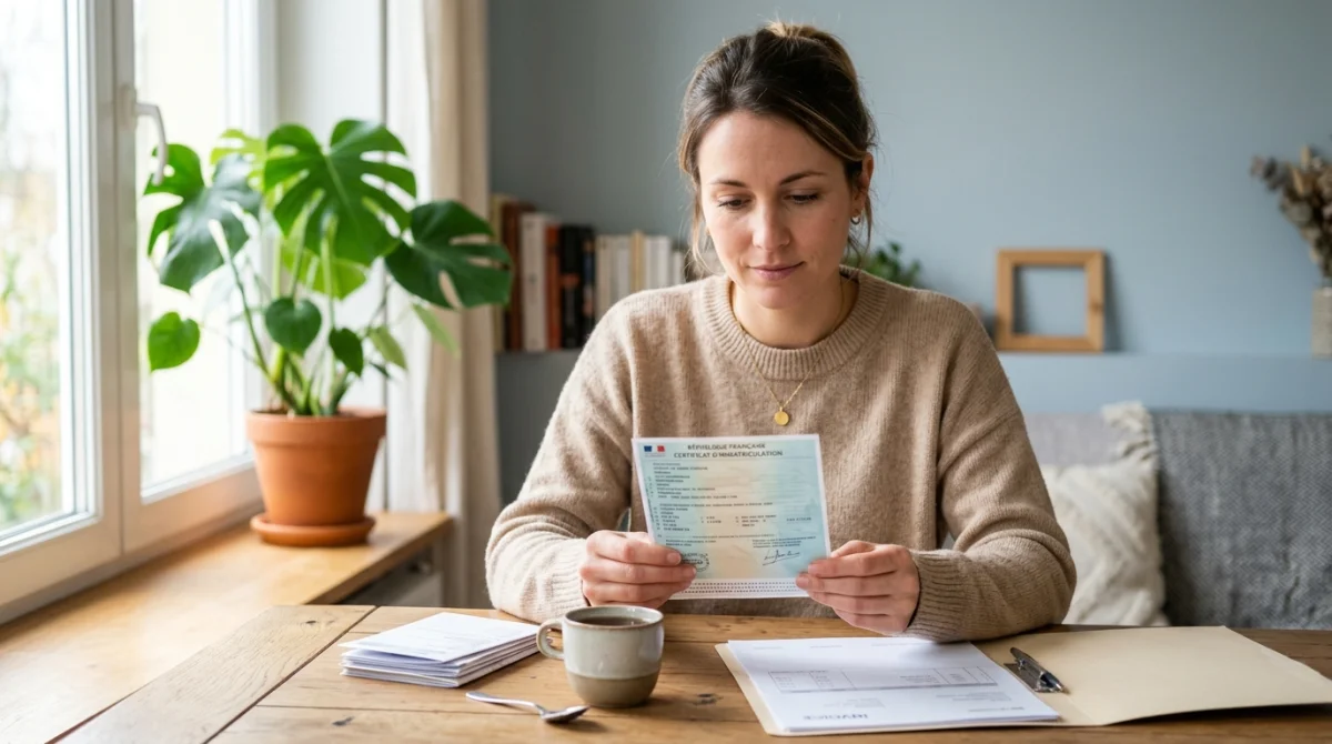 Personne réfléchissant calmement avec une carte grise en main pour un dossier de surendettement et sa voiture.