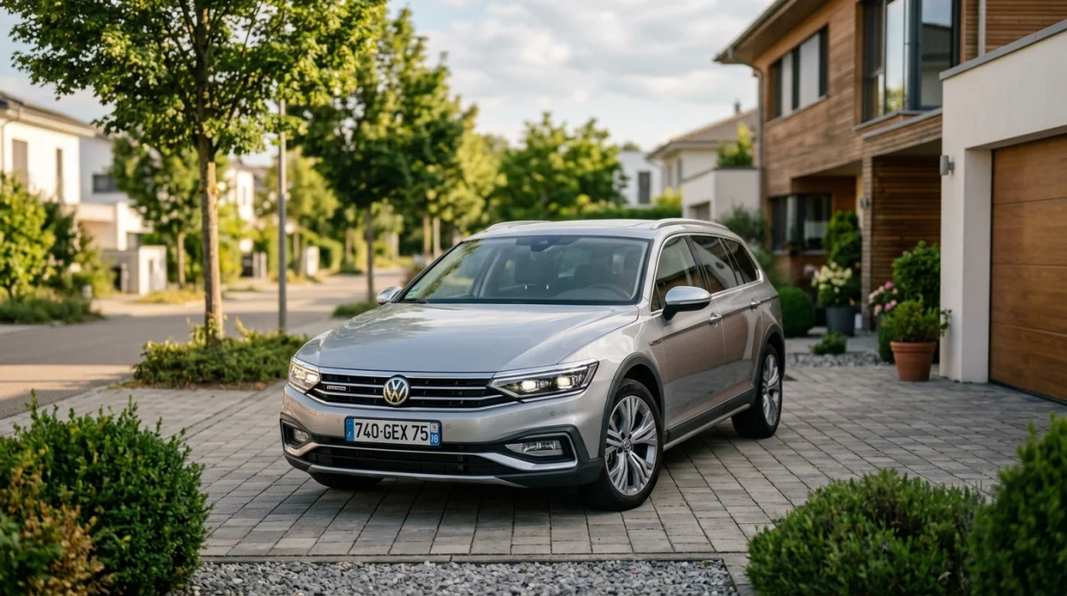 Voiture familiale moderne garée devant une maison, illustrant la conservation du véhicule lors d'un dossier de surendettement.