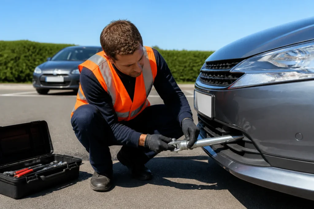 Personne en gilet réfléchissant fixant une barre de remorquage sur une voiture pour savoir si on peut remorquer.