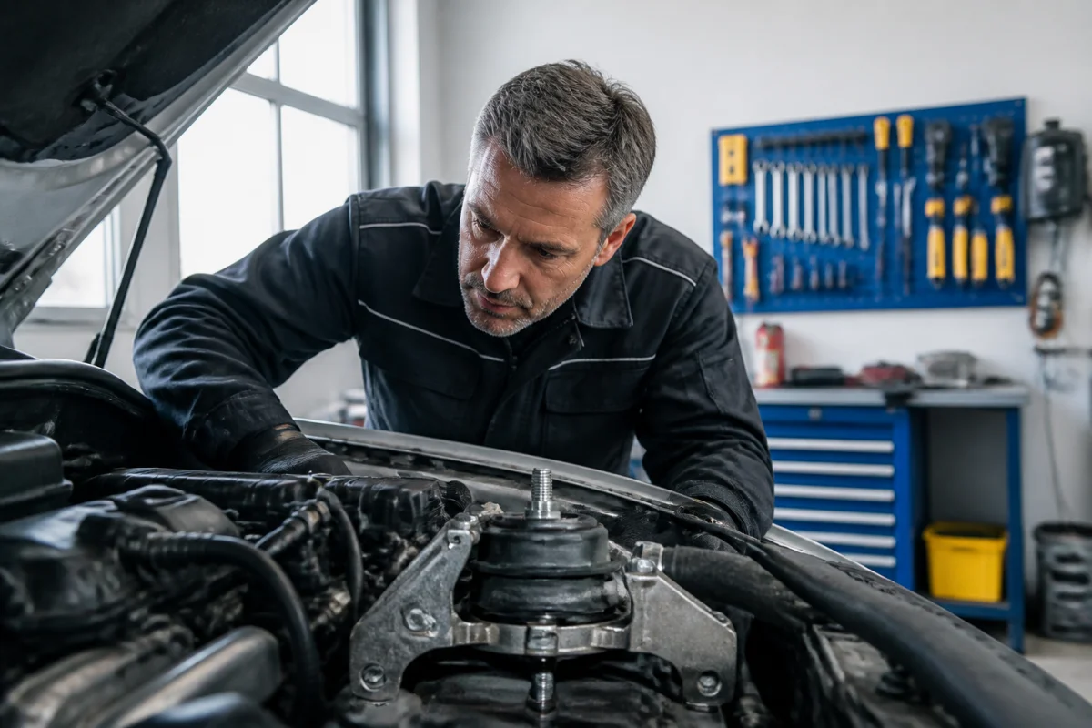 Mécanicien expert inspectant le moteur d'une voiture pour diagnostiquer un bruit à l'accélération et décélération.