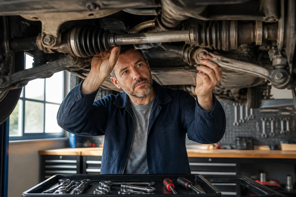 Mécanicien expert inspectant le système de transmission pour diagnostiquer un bruit à l'accélération et décélération dans un atelier.