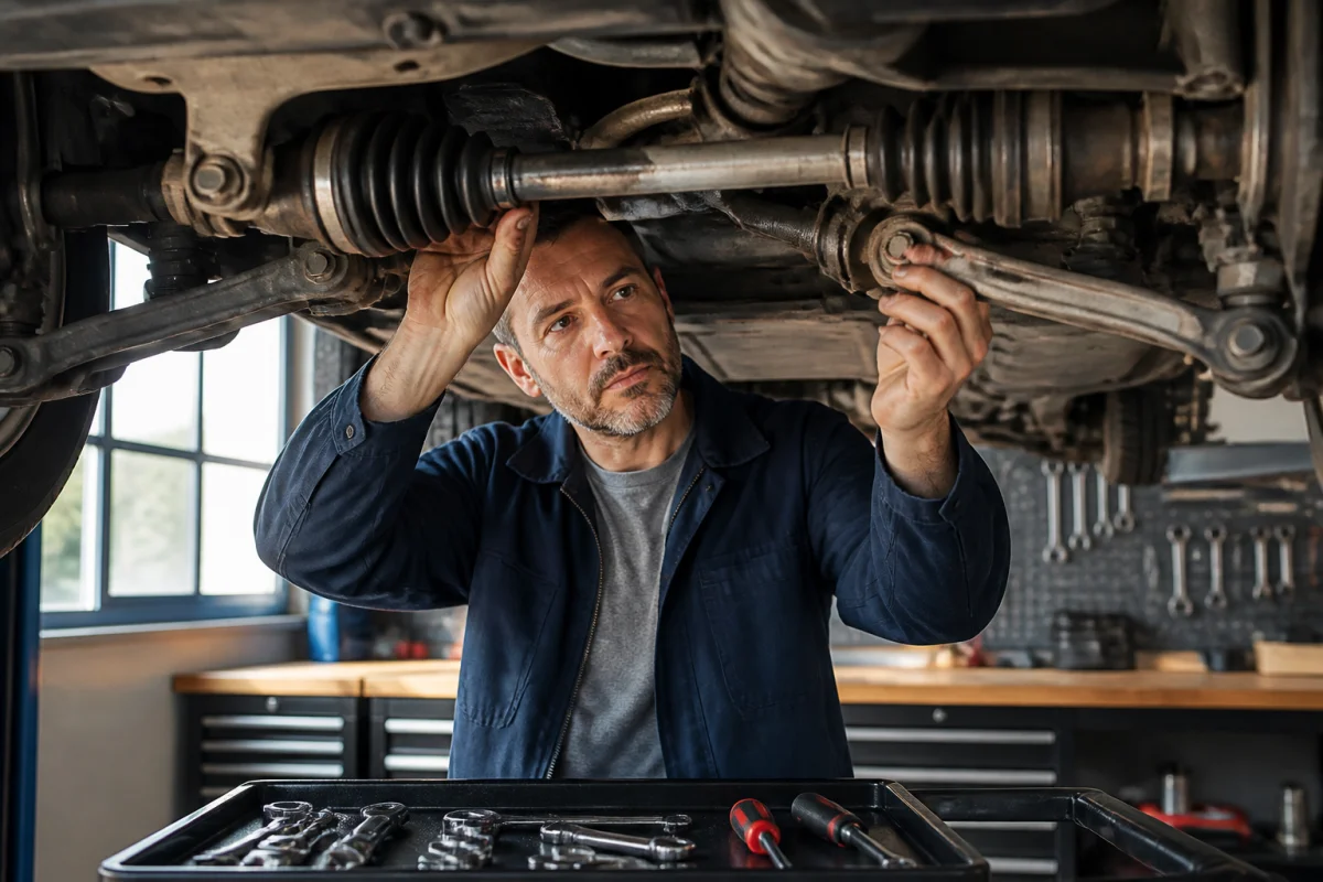 Mécanicien expert inspectant le système de transmission pour diagnostiquer un bruit à l'accélération et décélération dans un atelier.