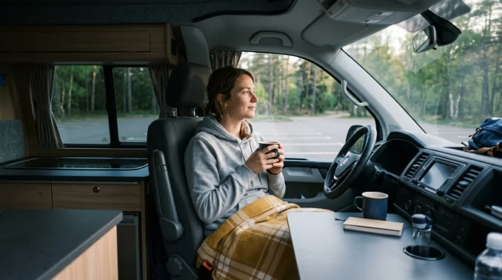 Personne sereine se reposant dans une voiture aménagée sobrement lors d'une halte calme en bordure de forêt.
