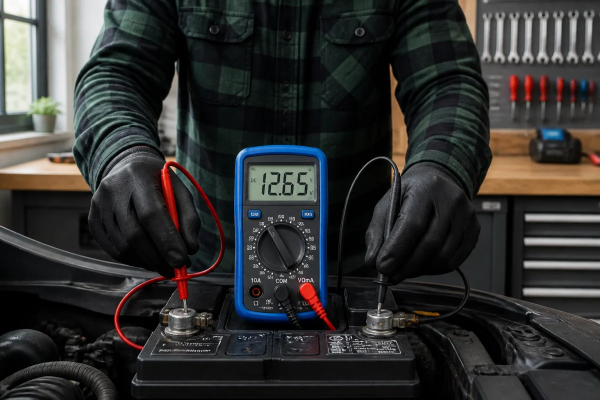 Mains utilisant un multimètre pour tester la batterie d'une voiture qui ne démarre pas mais radio fonctionne.