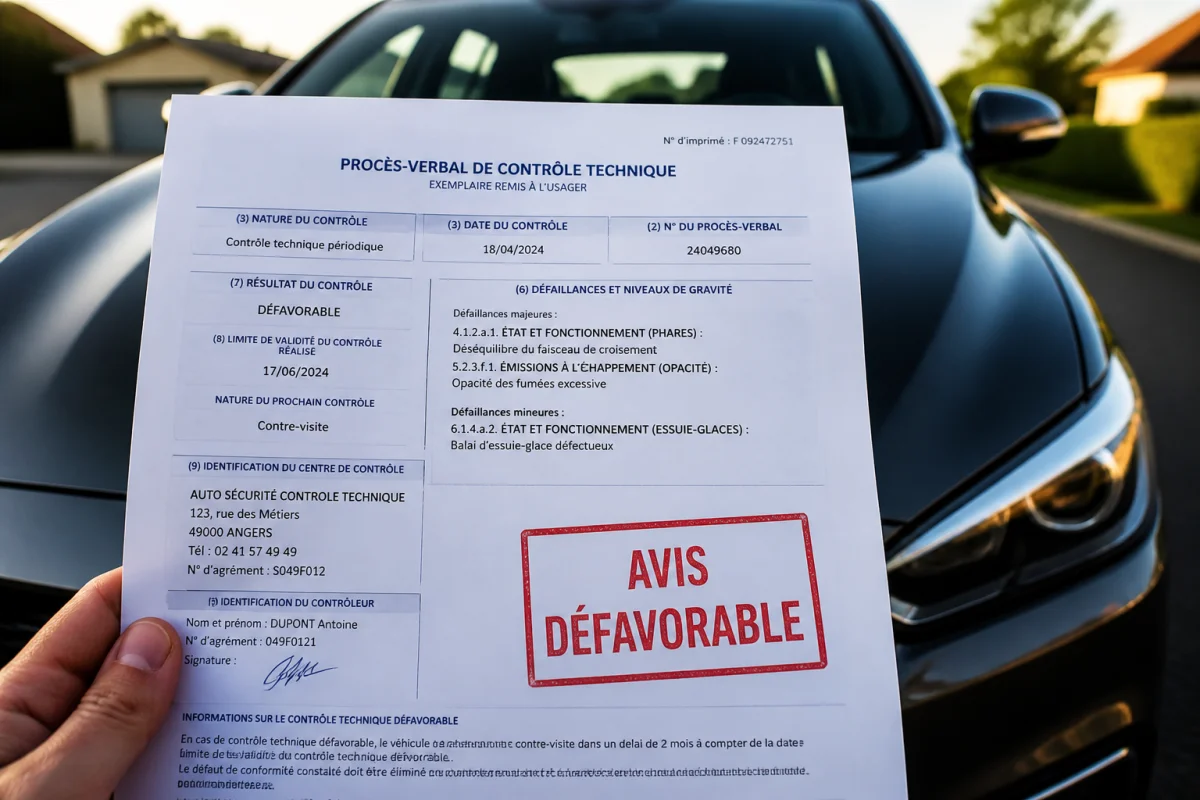 Document de contrôle technique avec avis défavorable posé sur le capot d'une voiture pour illustrer sa vente.