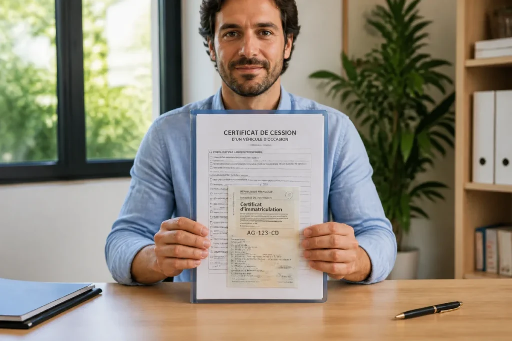 Personne présentant une carte grise et un certificat de cession pour vendre une voiture avec contrôle technique.