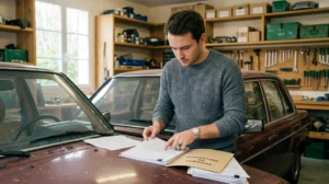 Un héritier vérifie les documents administratifs sur le capot d'une voiture pour préparer sa vente après un décès.