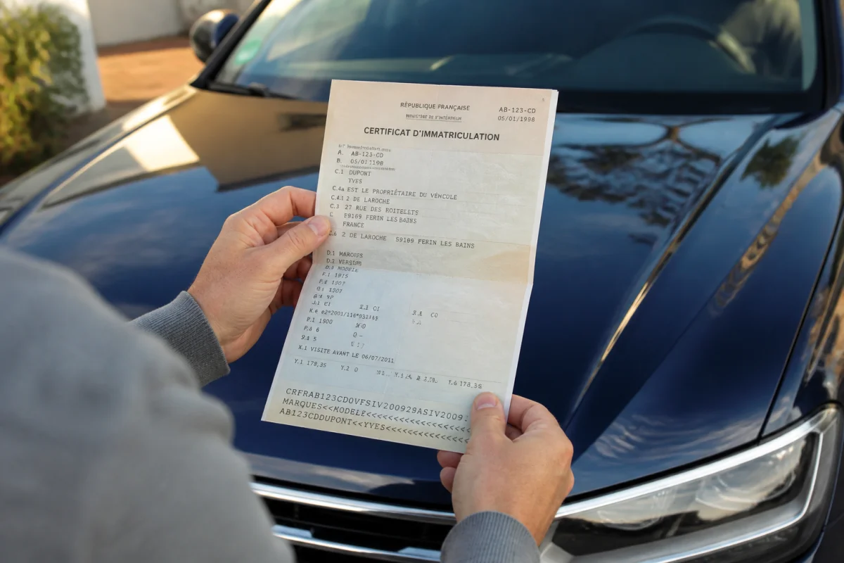 Personne examinant une carte grise sur le capot d'une voiture pour trouver sa finition par immatriculation.