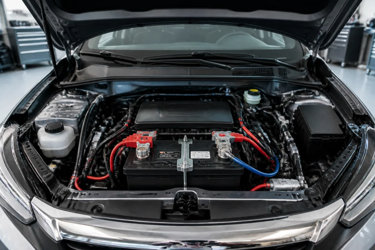 Moteur ouvert d'une voiture avec focus sur la batterie pour diagnostiquer pourquoi la voiture ne démarre pas mais radio fonctionne.