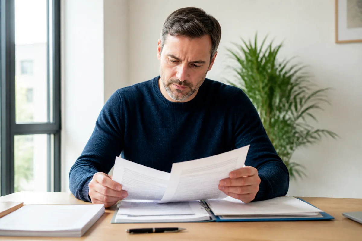 Personne examinant des documents administratifs dans un bureau lumineux pour savoir si l'on peut annuler une vente de voiture.
