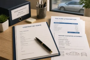 Dossier administratif avec contrat de vente et factures pour comprendre si on peut annuler une vente de voiture.