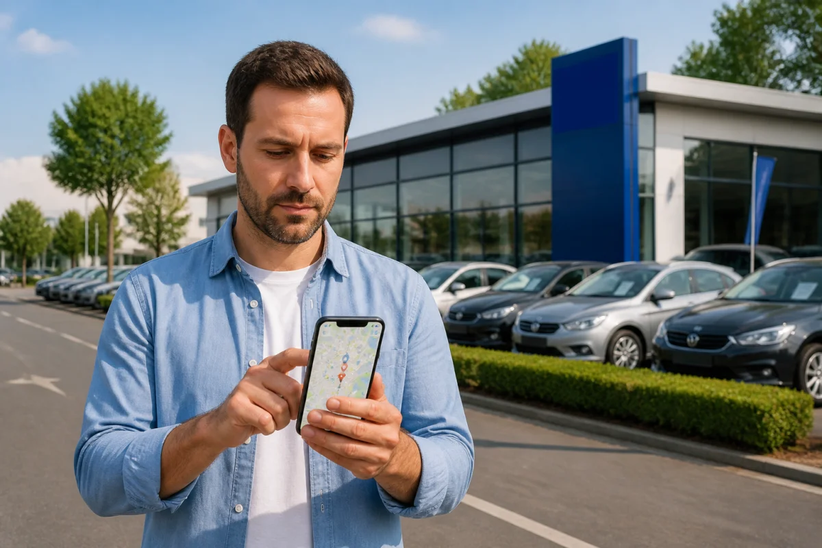 Automobiliste consultant une carte numérique pour localiser un point de vente Distinxion auto et ses voitures d’occasion