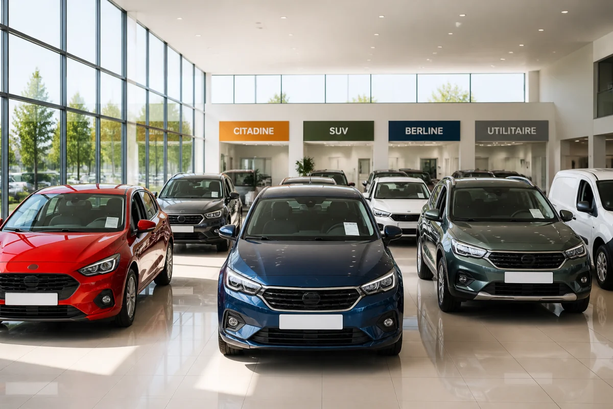 Sélection de voitures d’occasion Distinxion Auto alignées dans un showroom moderne et lumineux