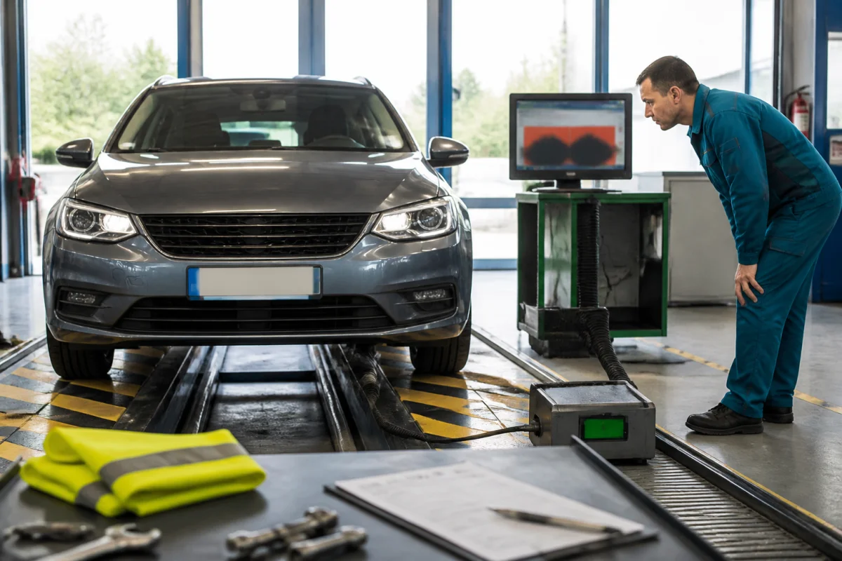 Contrôle technique d’une voiture diesel avec FAP modifié, mesure d’opacité élevée et inspection du système d’échappement