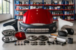 Sélection de pièces automobiles neuves, carrosserie, phares et accessoires présentés dans un atelier organisé pour Ki Auto