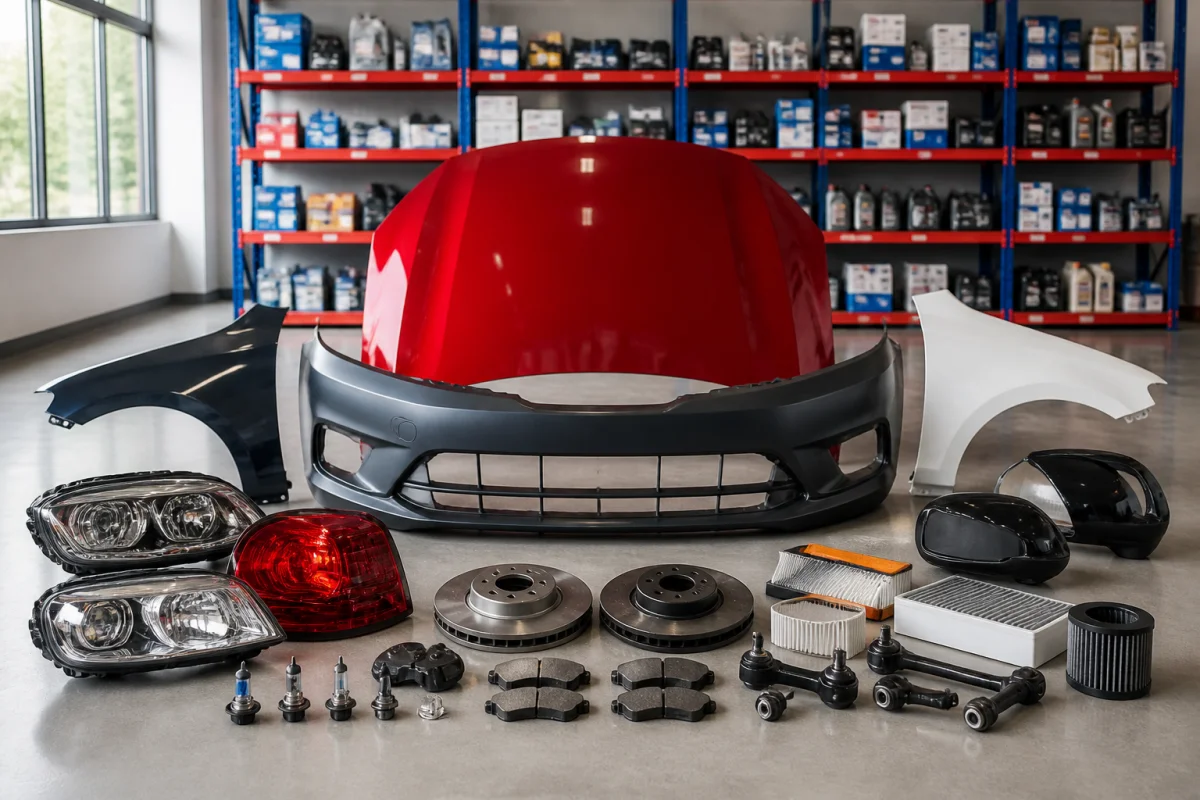 Sélection de pièces automobiles neuves, carrosserie, phares et accessoires présentés dans un atelier organisé pour Ki Auto