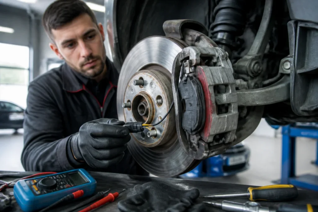 Mécanicien inspectant le témoin d’usure de frein du Peugeot 2008 près de l’étrier avant et du connecteur.