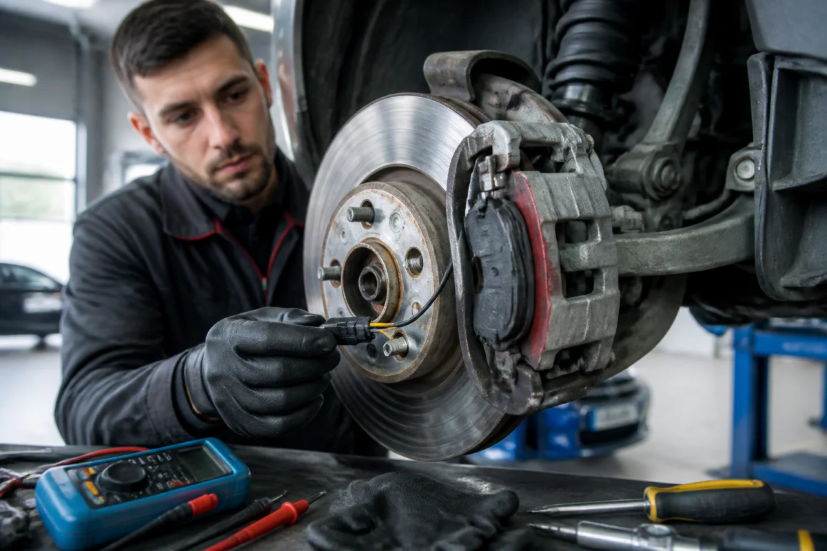 Mécanicien inspectant le témoin d’usure de frein du Peugeot 2008 près de l’étrier avant et du connecteur.