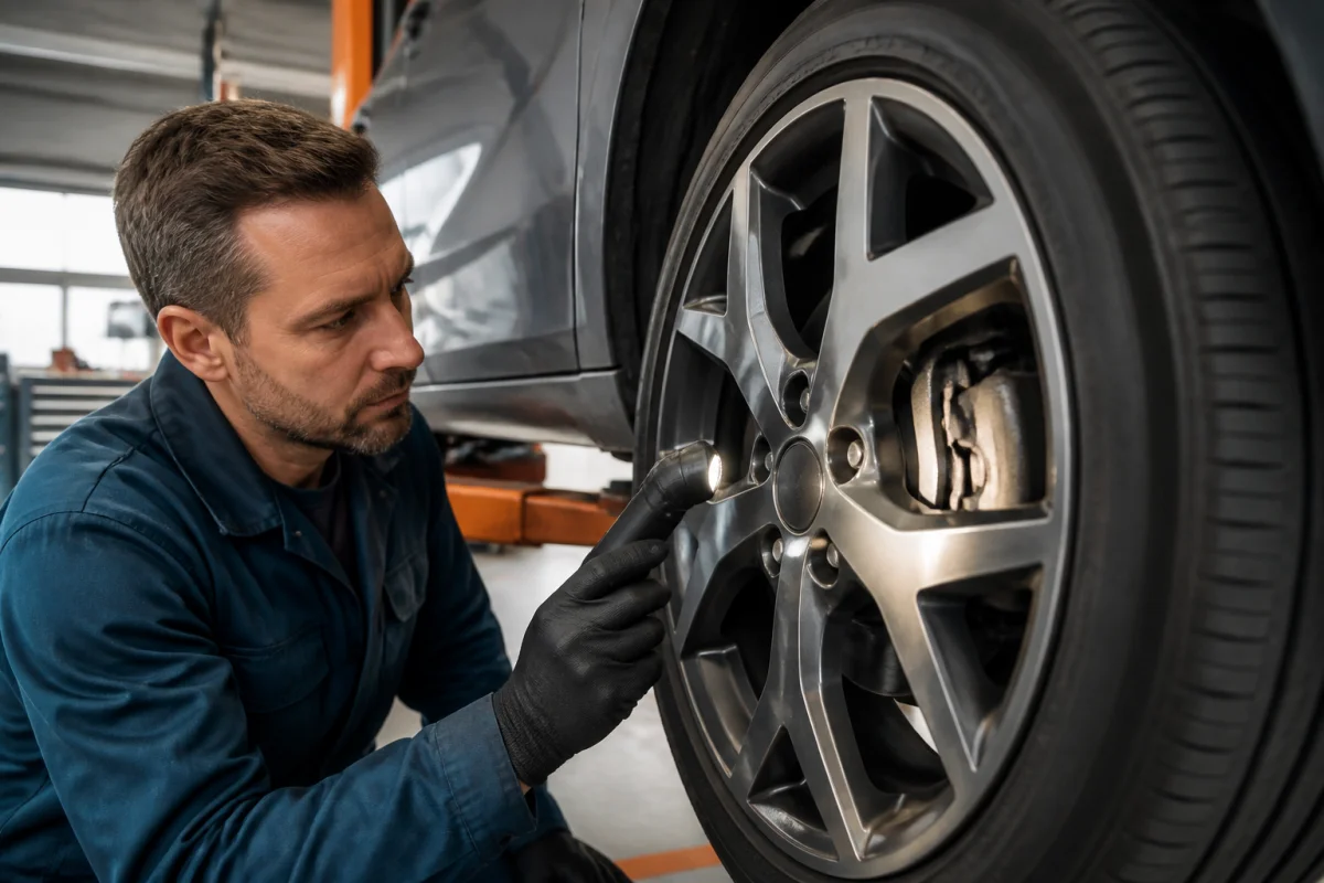 Contrôle de l’épaisseur d’une plaquette de frein sur Peugeot 2008, visible à travers la jante avant par un mécanicien.