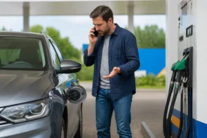 Conducteur vérifiant prudemment une voiture diesel à la station-service avant d’y mettre du GNR